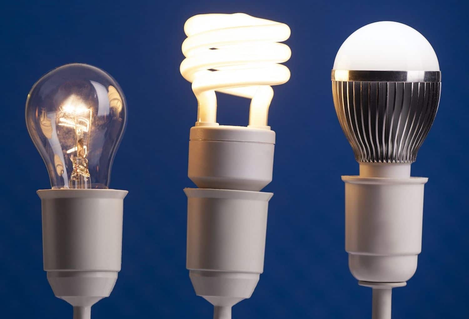 Three different light bulbs on blue background, choosing a new lightbulb gives opportunity for an electrical upgrade!