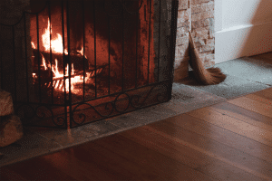 Wood burning fire place inside home.