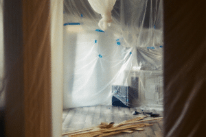 A home in the middle of a remodel with plastic sheets draped around room and wood in the middle of the floor.