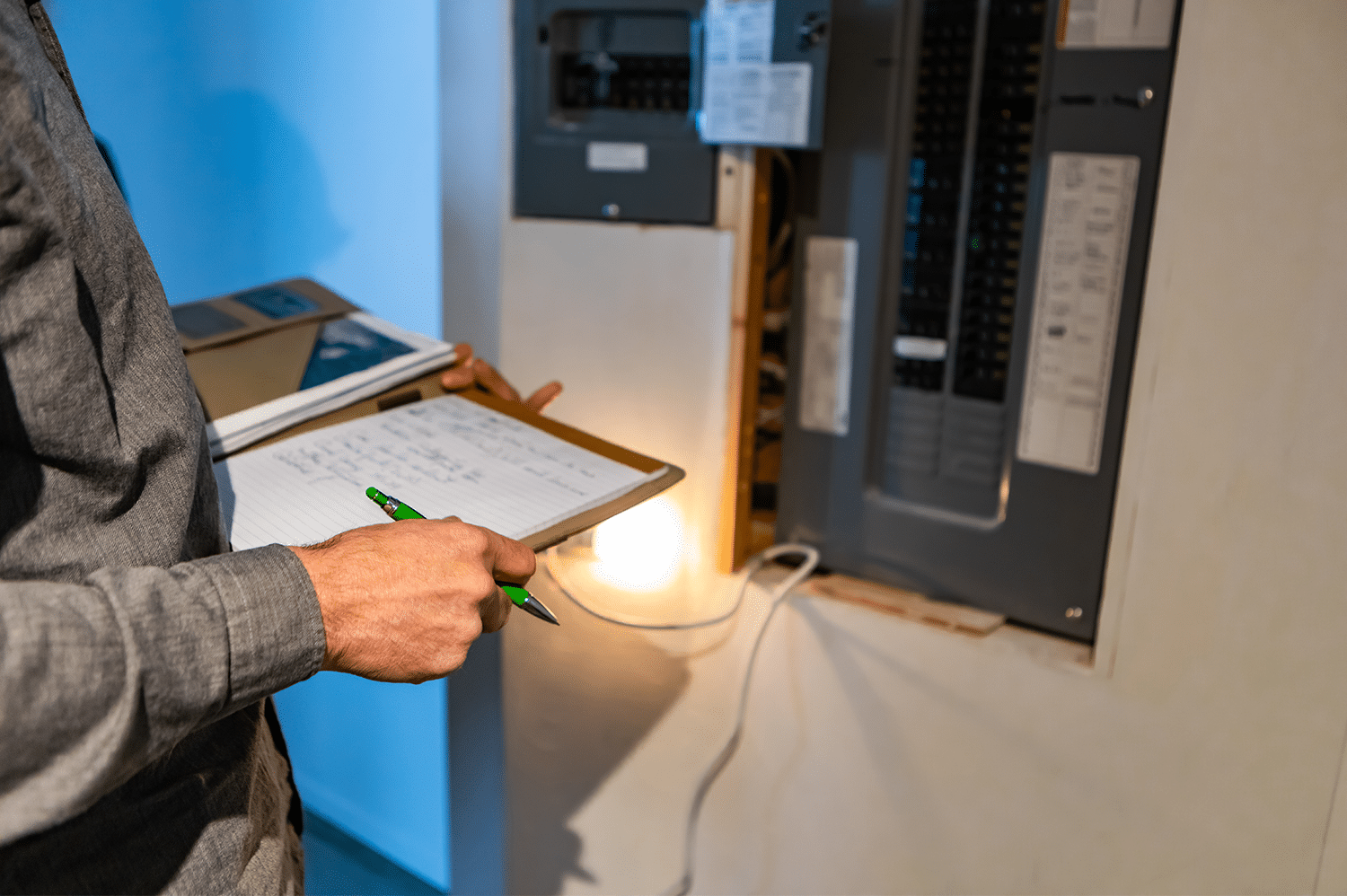 An anonymous electrician performing an electrical inspection on an electric panel.