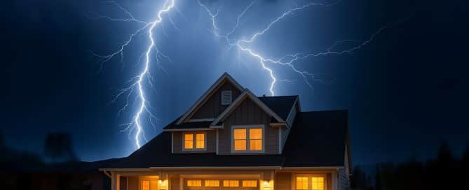 A well-lit two-story home in Tennessee remains fully powered as a dramatic lightning storm flashes in the night sky above.