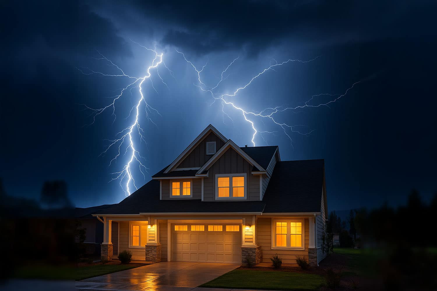 A well-lit two-story home in Tennessee remains fully powered as a dramatic lightning storm flashes in the night sky above.